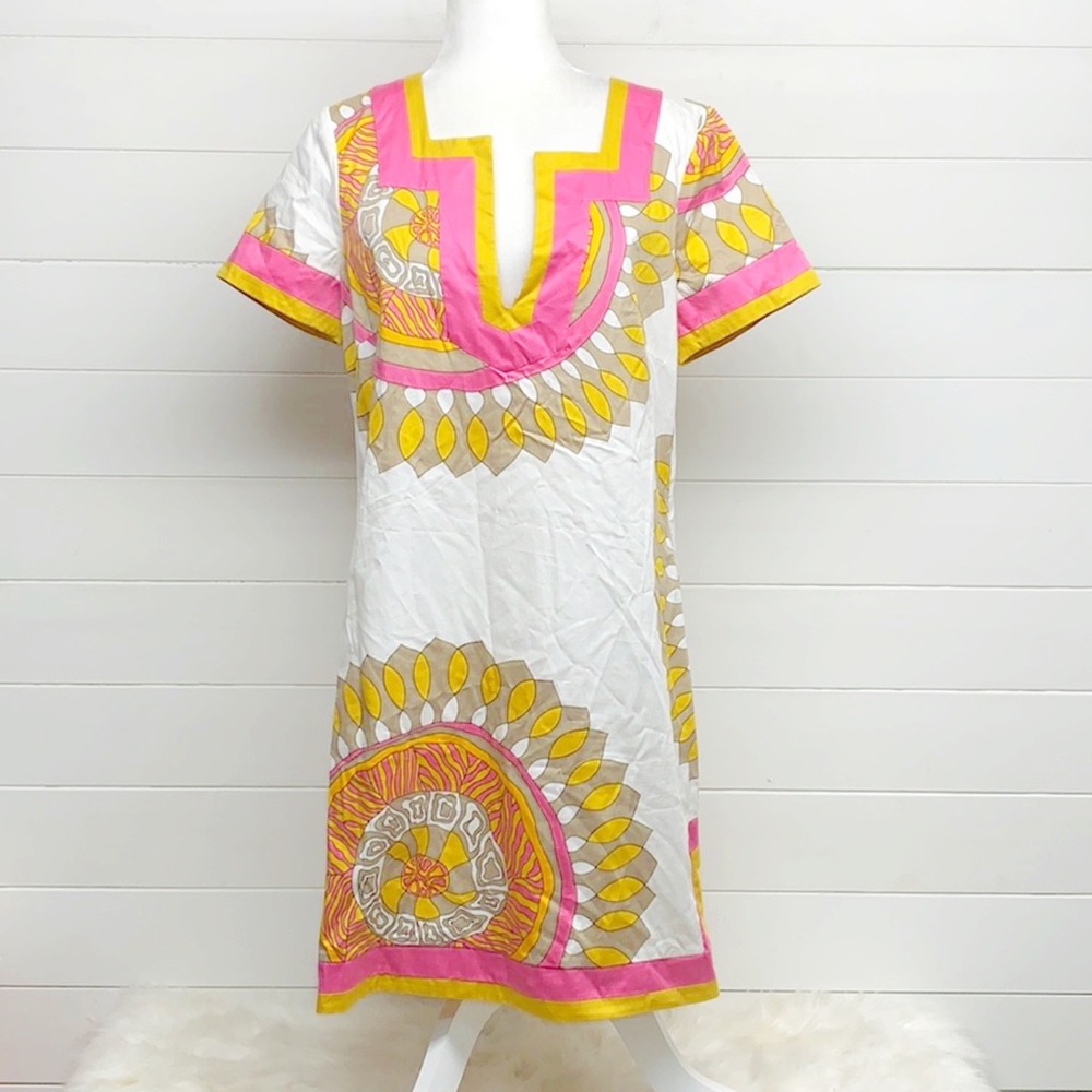 Trina Turk White Dress with Pink and Yellow Sunburst Print